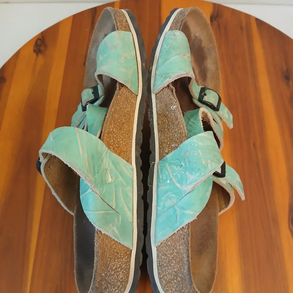Birkenstock Salina Womens 37 Teal Slides Sandals Corkboard Straps